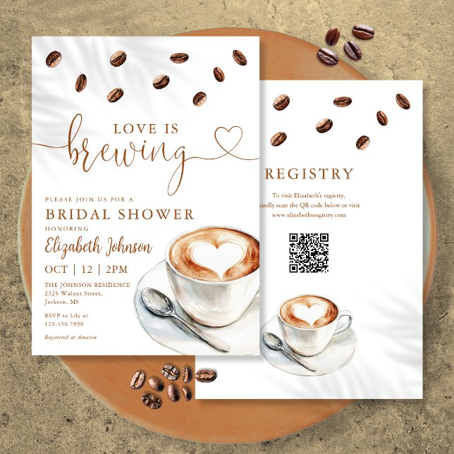 Love Is Brewing Coffee QR Code Bridal Shower Invitation (Love Is Brewing Coffee QR Code Bridal Shower Invitation)