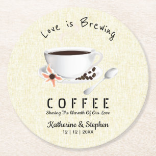 Love Is Brewing Coffee Wedding Favour Round Paper Coaster