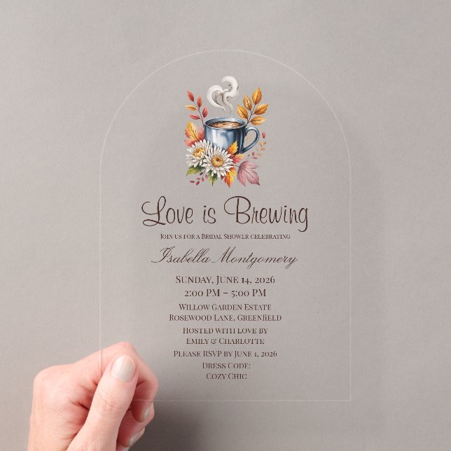 Love Is Brewing Cozy Fall Coffee Bridal Shower Acrylic Invitations (Insitu (Handheld))