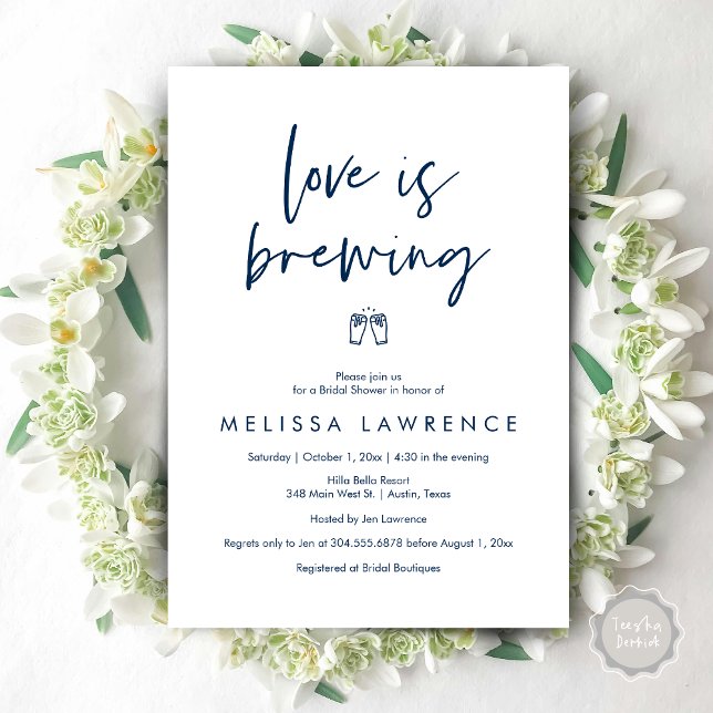 Love is brewing, Elegance Bridal Shower Beer Party Invitation (Love is brewing, Modern Elegance Bridal Shower Beer Party Invitation Card, PDF, in Navy Blue)