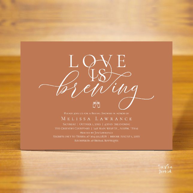 Love Is Brewing Elegant Script Bridal Shower Invitation (Love Is Brewing Modern Classy Elegant Script Bridal Shower Invites Card in Terracotta Brown Copper)