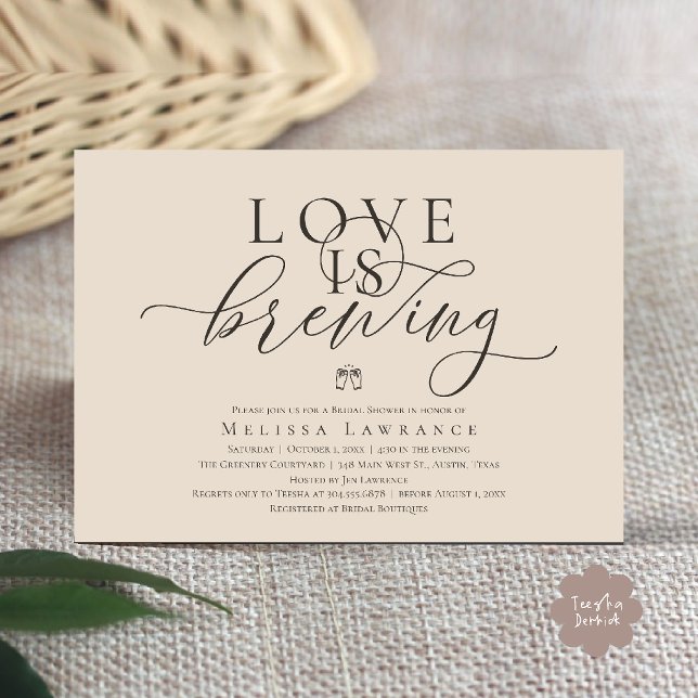 Love Is Brewing Elegant Script Bridal Shower Invitation (Love Is Brewing Modern Classy Elegant Script Bridal Shower Invitation Card in Warm Sand Cream)