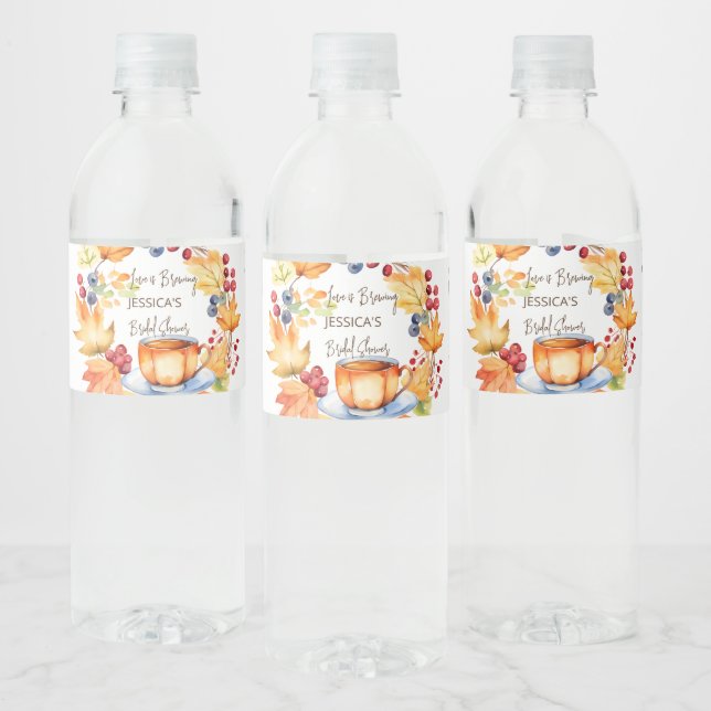 Love is brewing fall bridal shower favours water bottle label (Bottles)