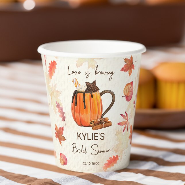Love is brewing fall bridal shower monogrammed paper cups (Love is brewing fall bridal shower monogrammed paper cups pumpkin spices maple leaves table decor)