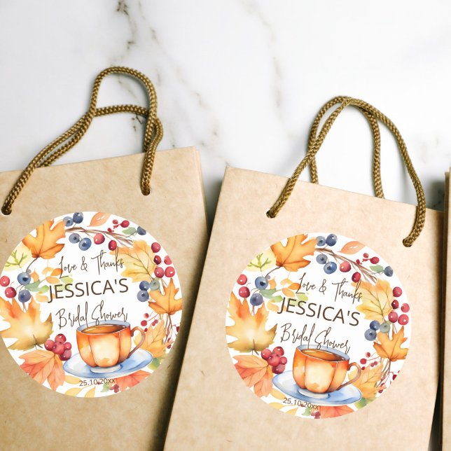 Love is brewing fall bridal shower thank you favou classic round sticker (Love is brewing bridal shower favor thank you gift stickers fall themed pumpkin wreath favor sticker)