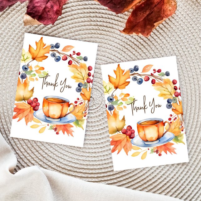 Love is brewing fall themed bridal shower template (Love is brewing fall themed bridal shower thank you card template pumpkin cup autumn leaves wreath)