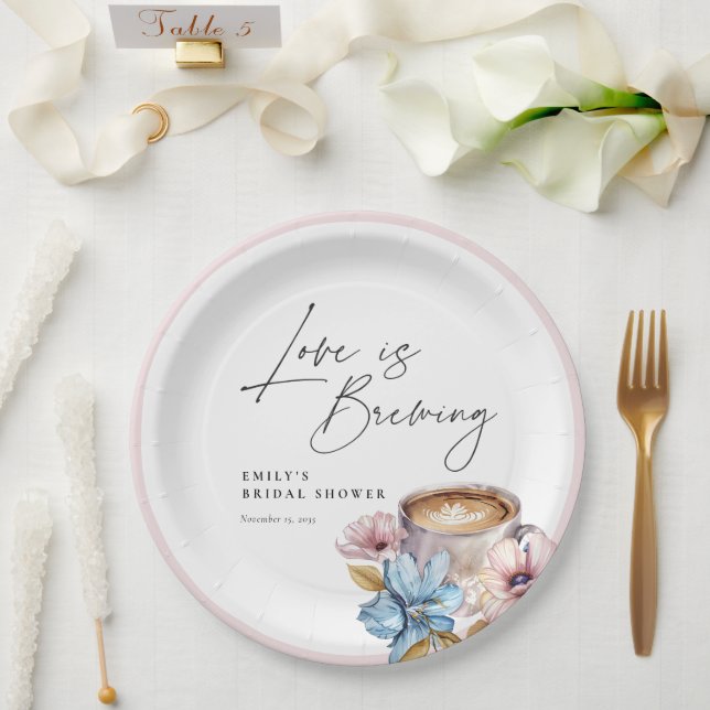 Love is Brewing Floral Bridal Shower Paper Plate (Wedding)