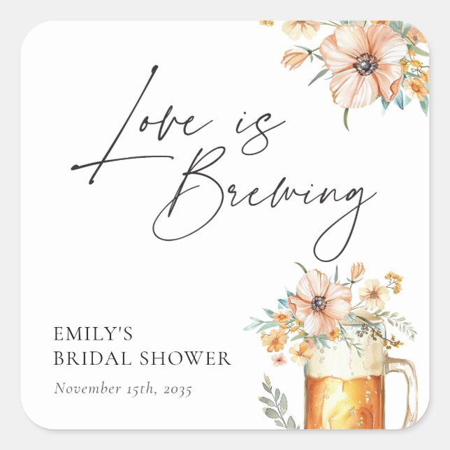 Love is Brewing Floral Bridal Shower Square Sticker (Front)