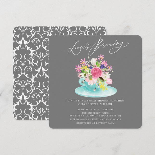 Love is Brewing Floral Bridal Tea Shower Invitation (Front/Back)