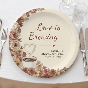 Love is Brewing Floral Coffee Heart Bridal Shower Paper Plate