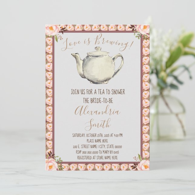 Love is Brewing | Floral Frame Tea Bridal Shower Invitation (Standing Front)