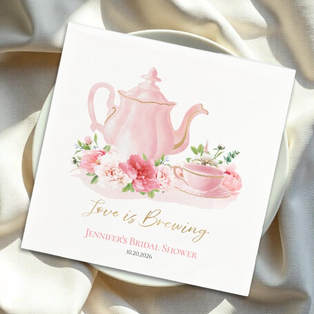 Love is Brewing | Gilded Pink Bridal Shower Napkin (Creator Uploaded)