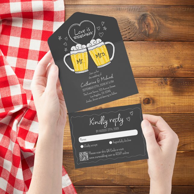 Love is Brewing Hand Drawn Beer Glasses Wedding All In One Invitation (Creator Uploaded)