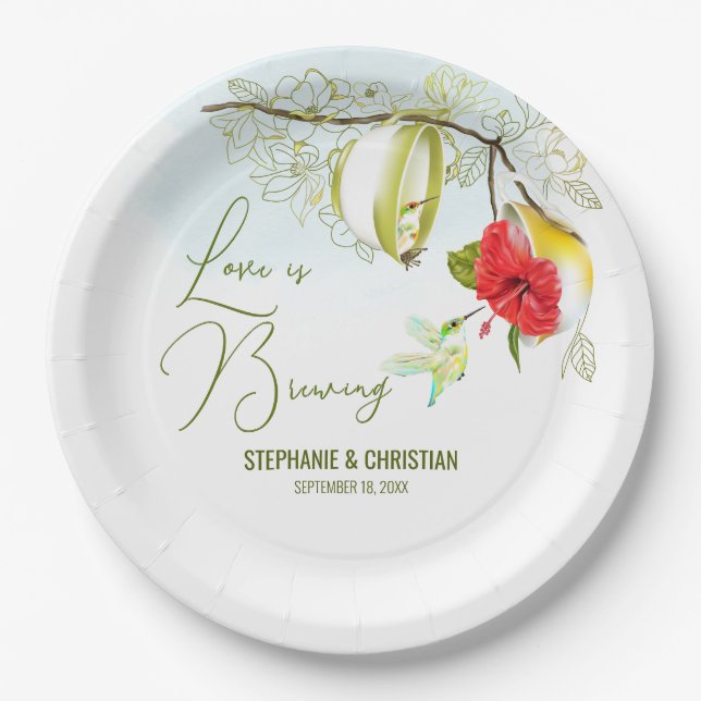 Love Is Brewing Hummingbird Tea Party Paper Plate (Front)