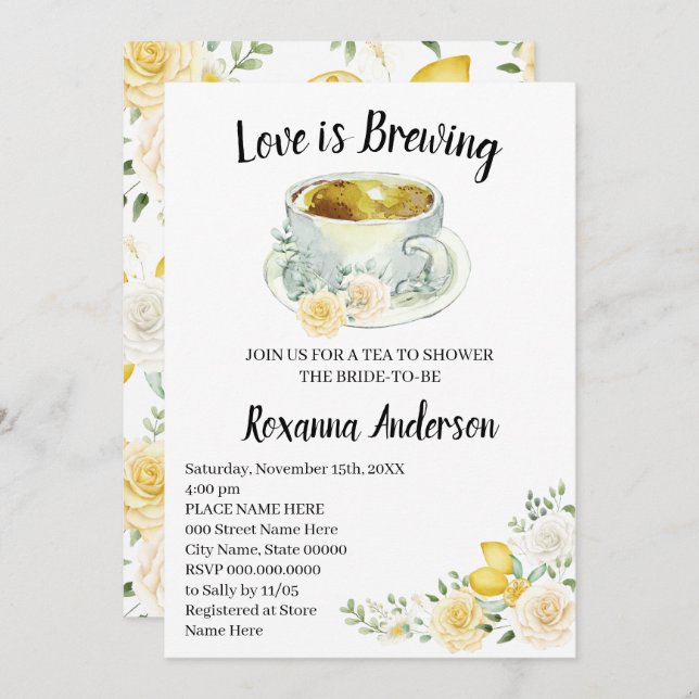 Love is Brewing Lemons & Roses Tea Bridal Shower Invitation (Front/Back)