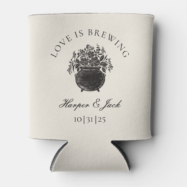 Love is Brewing Moody Halloween Wedding Can Cooler (Front)