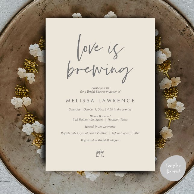 Love is brewing, Perfect Bridal Shower Beer Party Invitation (Love is brewing, Perfect Bridal Shower Beer Party Invitation Card PDF Cream Grey)