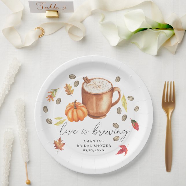 Love is brewing Pumpkin Coffee Bridal shower Paper Plate (Wedding)