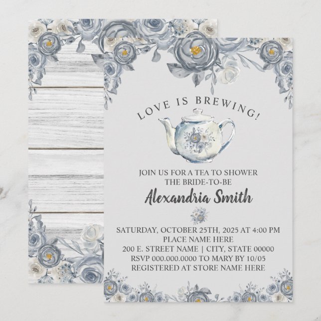 Love is Brewing Tea Bridal Shower Grey Floral Invitation (Front/Back)