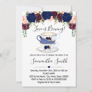 Love is brewing tea bridal shower navy invitation