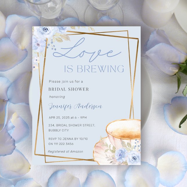 Love is Brewing Tea Garden Party Bridal Shower Invitation (Blue Love is Brewing Tea Garden Party Bridal Shower Invitation)