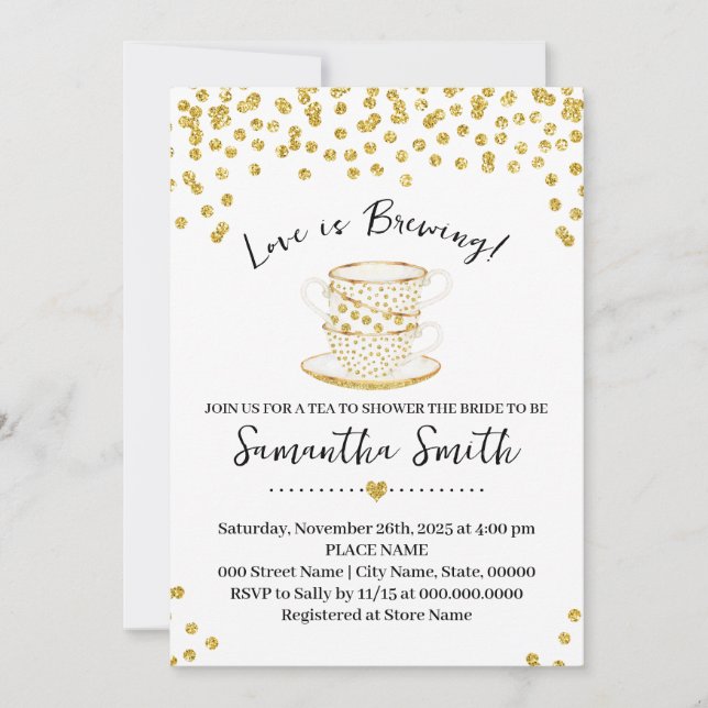 Love is Brewing Tea Shower Gold Glitter Invitation (Front)