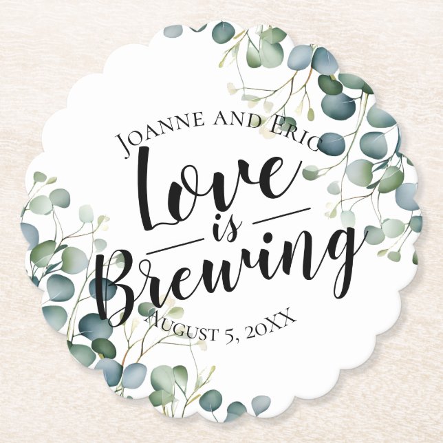 love is brewing wedding pub eucalyptus botanical  paper coaster (Front)