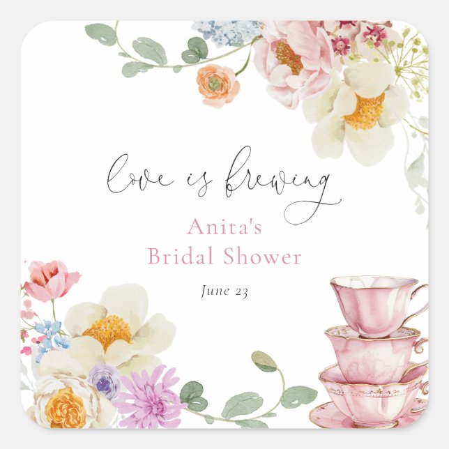Love is Brewing Wildflower Tea Bridal Shower Square Sticker (Front)