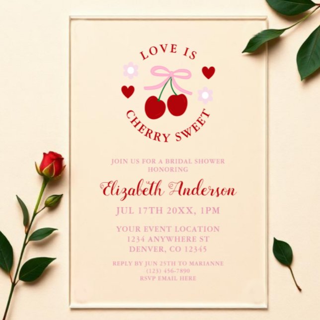 Love Is Cherry Sweet Bridal Shower Acrylic Invitations (Creator Uploaded)