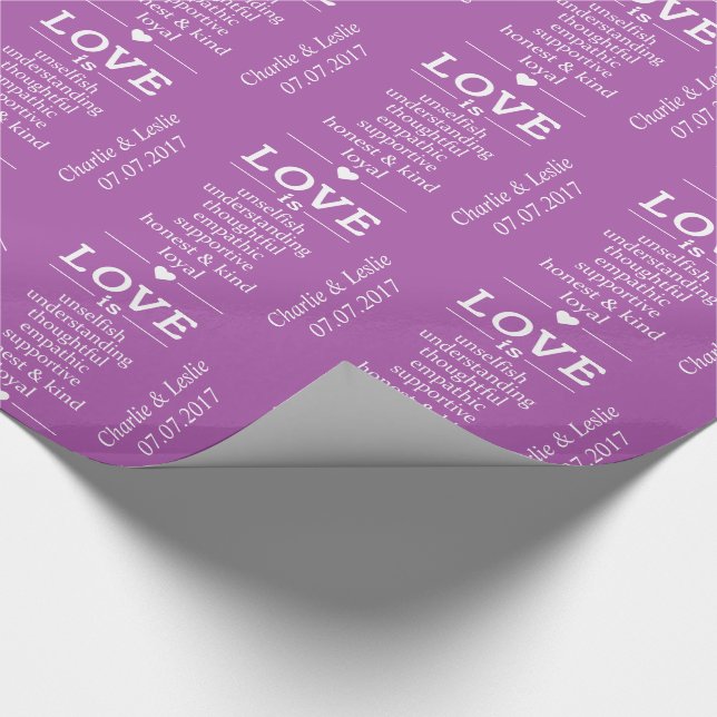 "Love Is" custom names date & colour wrapping pape Wrapping Paper (Corner)