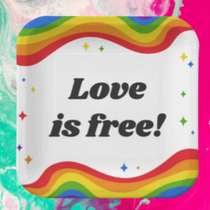 Love is Free: Rainbow Pride Square Paper Plates
