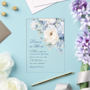 Love is in Bloom Blue Flowers Bridal Shower Acrylic Invitations