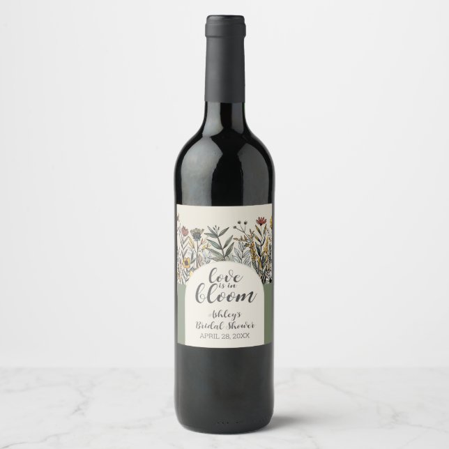 Love is in Bloom - Boho Flowers Bridal Shower Wine Label (Front)