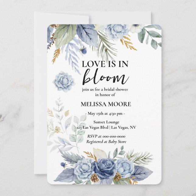 Love Is In Bloom Bridal Shower Dusty Blue Flower Invitation (Front)