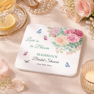 Love is in Bloom Butterflies Bridal Shower Square Paper Coaster
