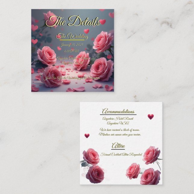 Love is in Bloom Details Pink Roses Wedding Invite (Front/Back)