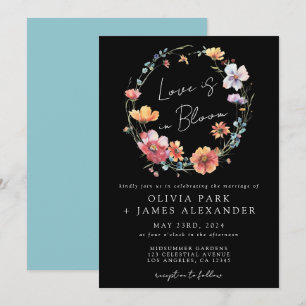 Love is in Bloom Floral Wreath Black Wedding Invitation