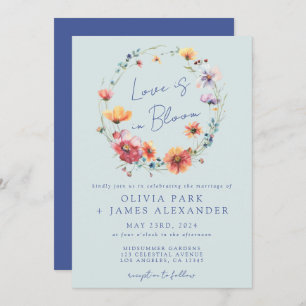Love is in Bloom Floral Wreath Blue Wedding Invitation