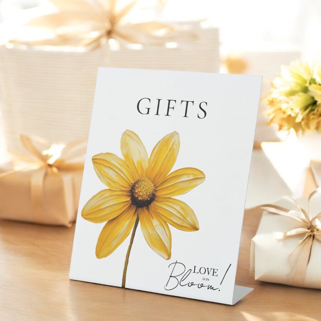 Love is in bloom minimal floral bridal shower  pedestal sign (beatiful love is in bloom bridal shower tavle sign with a yellow flower, modern elegance)