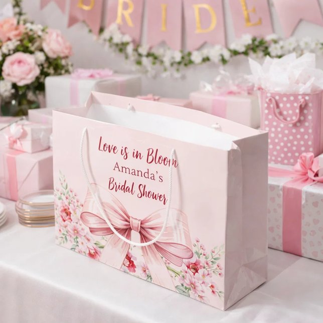 Love is in Bloom pink bow floral Bridal Shower Large Gift Bag (Creator Uploaded)