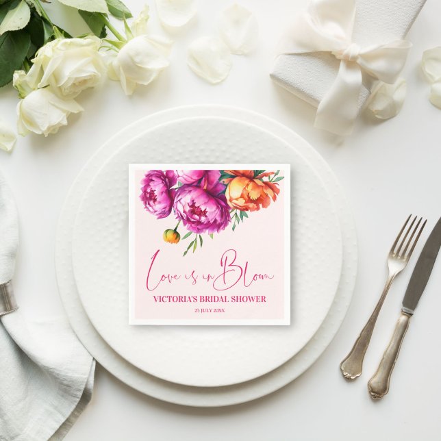 Love is in bloom pink flower bridal shower printed napkin (Love is in bloom pink peony flowers bridal shower monogram printed napkins personalized table decor)