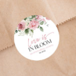 Love Is In Bloom Pink Rose Floral Bridal Shower Classic Round Sticker<br><div class="desc">This is a Love Is In Bloom Pink Rose Floral Flowers Bridal Shower Party Favour Stickers!</div>
