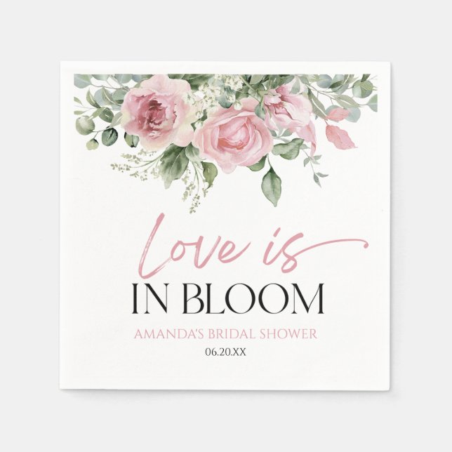 Love Is In Bloom Pink Rose Floral Bridal Shower Napkin (Front)
