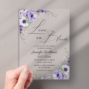 love is in bloom, purple floral bridal shower chic acrylic invitations