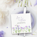 Love is in Bloom Purple Wildflower Bridal Shower Napkin<br><div class="desc">Love is in Bloom Wildflower bridal shower napkins to personalize. Delicate and feminine botanical design is hand lettered with "love is in bloom" in elegant script calligraphy. It has a pretty border of watercolor wild flowers in shades of lilac, lavender, purple, pink and blue. A dainty modern floral with girly,...</div>