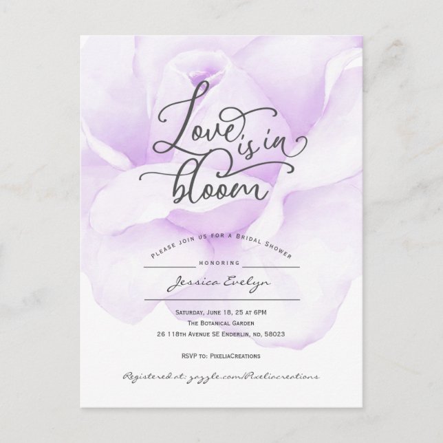 Love is in bloom, simple modern purple shower invitation postcard (Front)