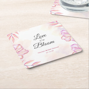 Love is in Bloom Watercolor Floral Bridal Shower  Square Paper Coaster