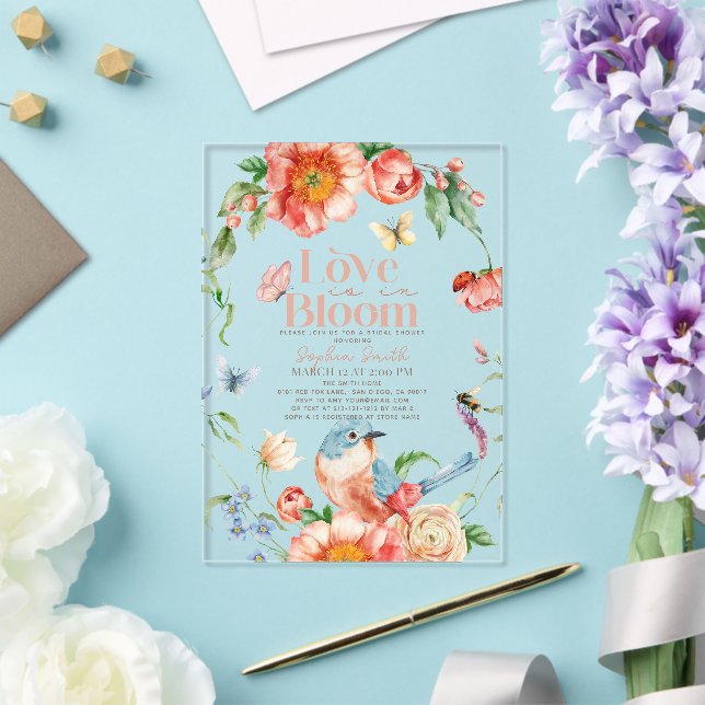 Love is in Bloom Wildflower Bird Bridal Shower Acrylic Invitations (Insitu (Wedding))