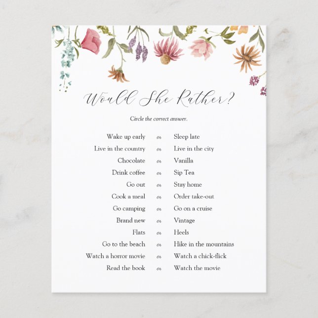 Love is in Bloom Wildflower Would She Rather Game (Front)