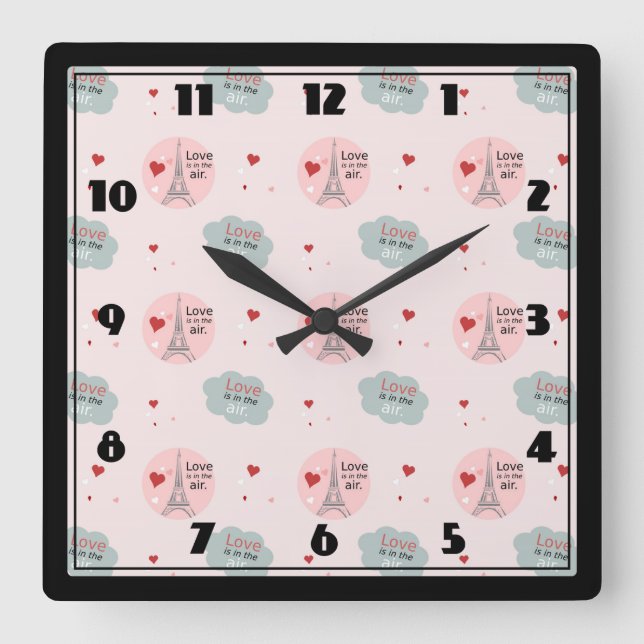 Love is in the air eiffel tower and hearts pattern square wall clock (Front)